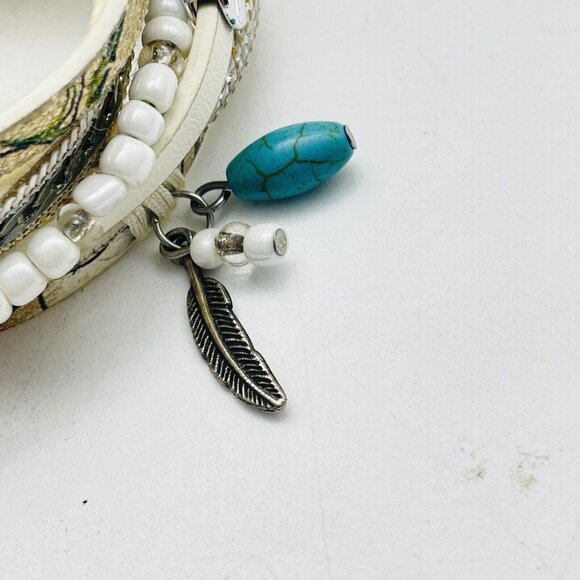 Multilayer Faux Leather Bracelet Silver Tone Magnetic Closure Turquoise Leaf - Picture 8 of 8